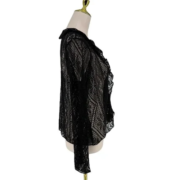 Vintage J. Jill Lace Cardigan Large Petite Black Sheer Ruffle Long Sleeve Boho - Picture 6 of 12